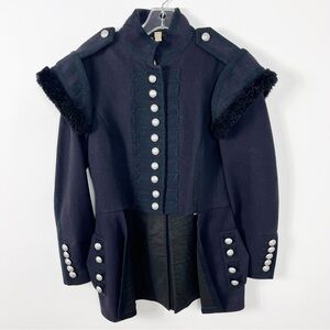 Burberry Baschurch Genuine Shearling Trim Wool Military Coat Size 6 Dark Navy